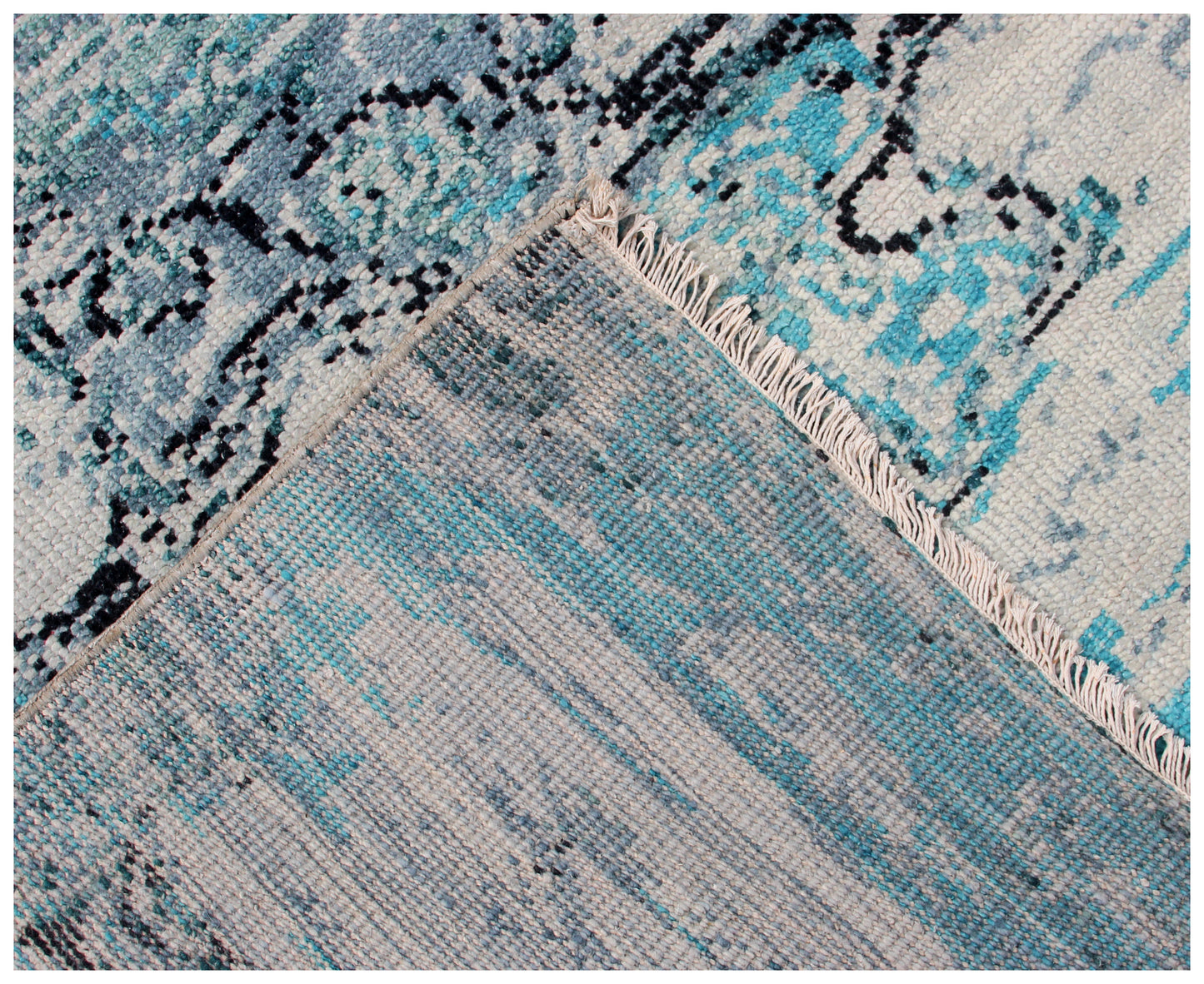 Turquoise Teal Hand Knotted Wool Rug 8x10 - Grey Beige Modern Abstract 40 KPSI Bhadohi Rugs