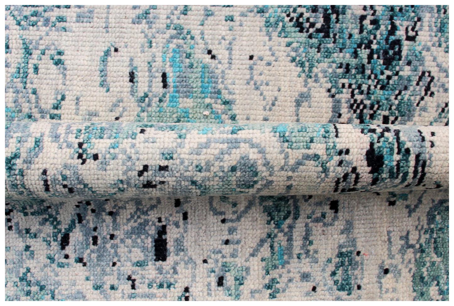 Turquoise Teal Hand Knotted Wool Rug 8x10 - Grey Beige Modern Abstract 40 KPSI Bhadohi Rugs