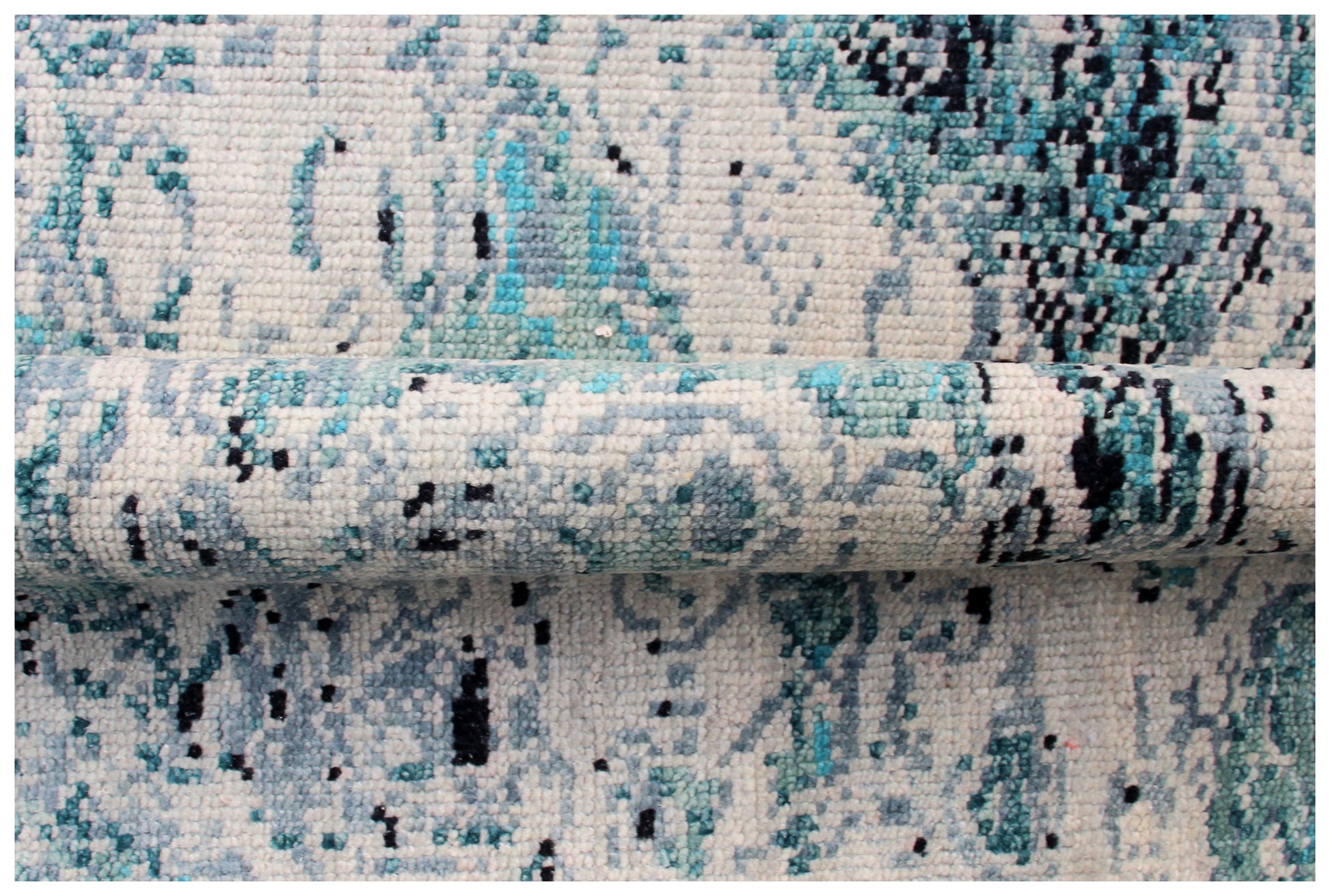 Turquoise Teal Hand Knotted Wool Rug 8x10 - Grey Beige Modern Abstract 40 KPSI Bhadohi Rugs