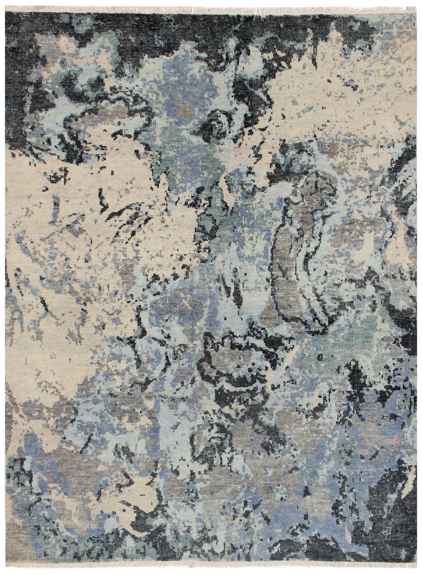 Modern Abstract 8x10 Blue Beige Charcoal Tiles Design Hand Knotted Rug.