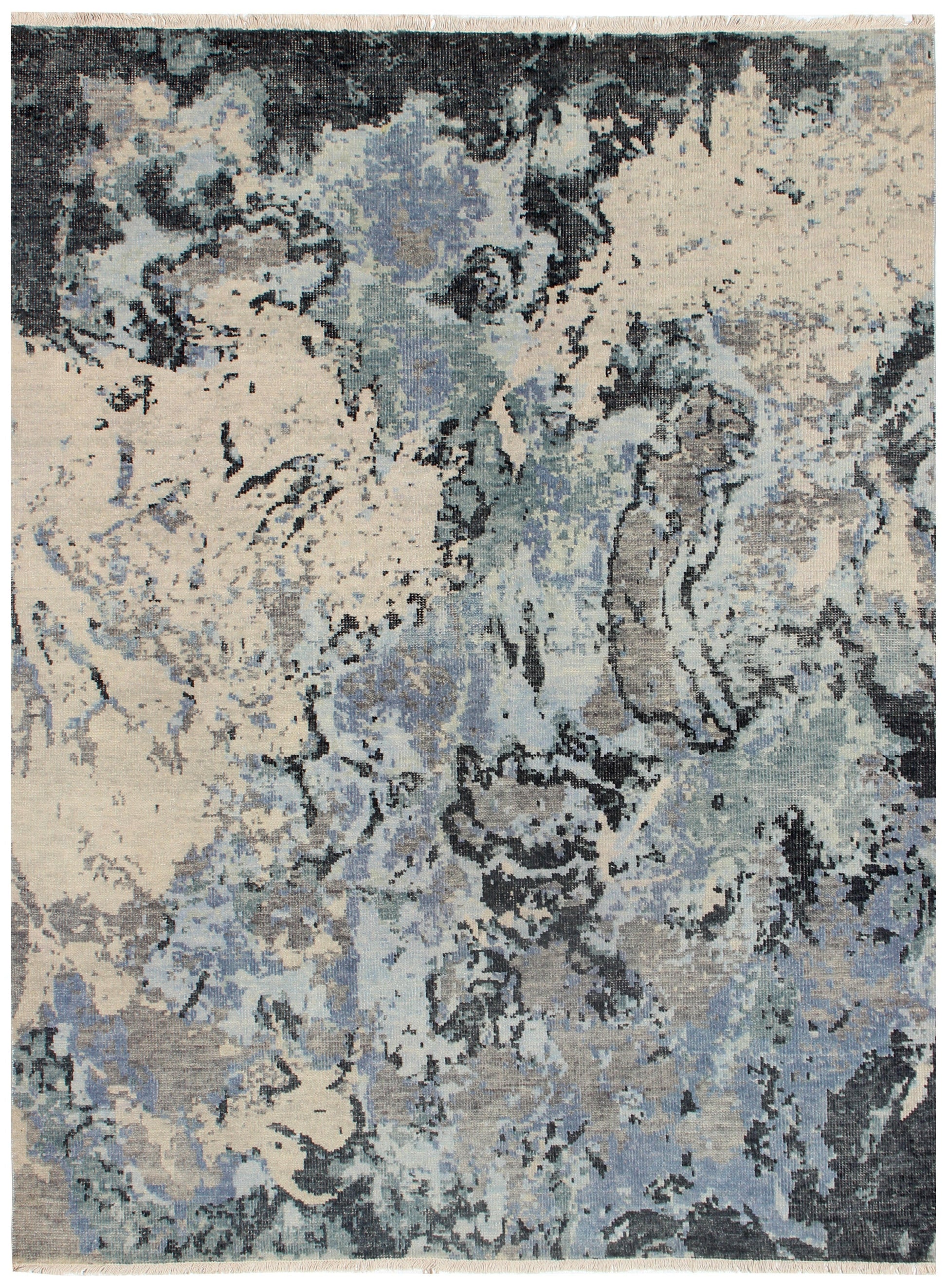 Modern Abstract 8x10 Blue Beige Charcoal Tiles Design Hand Knotted Rug.