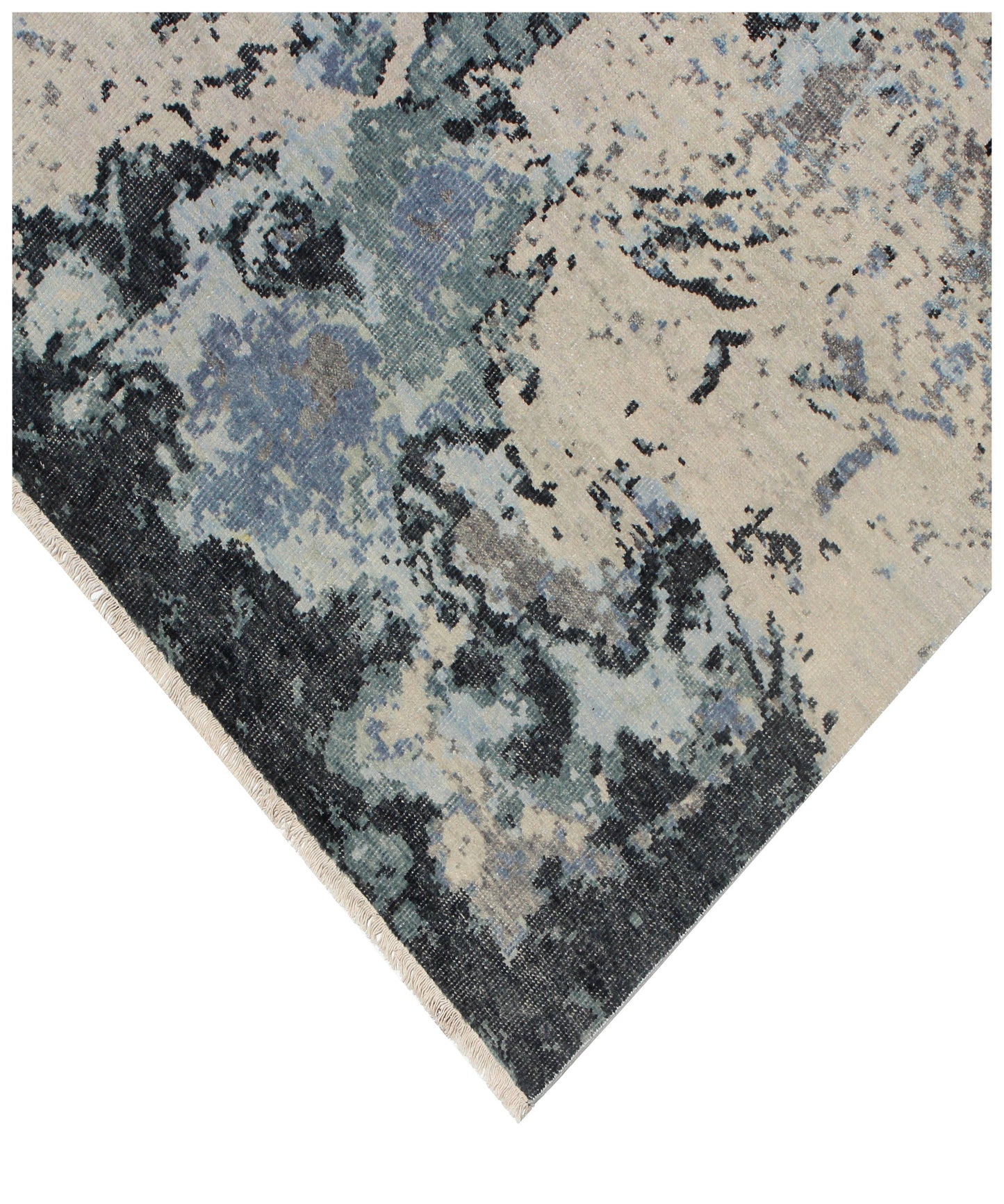 Modern Abstract 8x10 Blue Beige Charcoal Tiles Design Hand Knotted Rug.