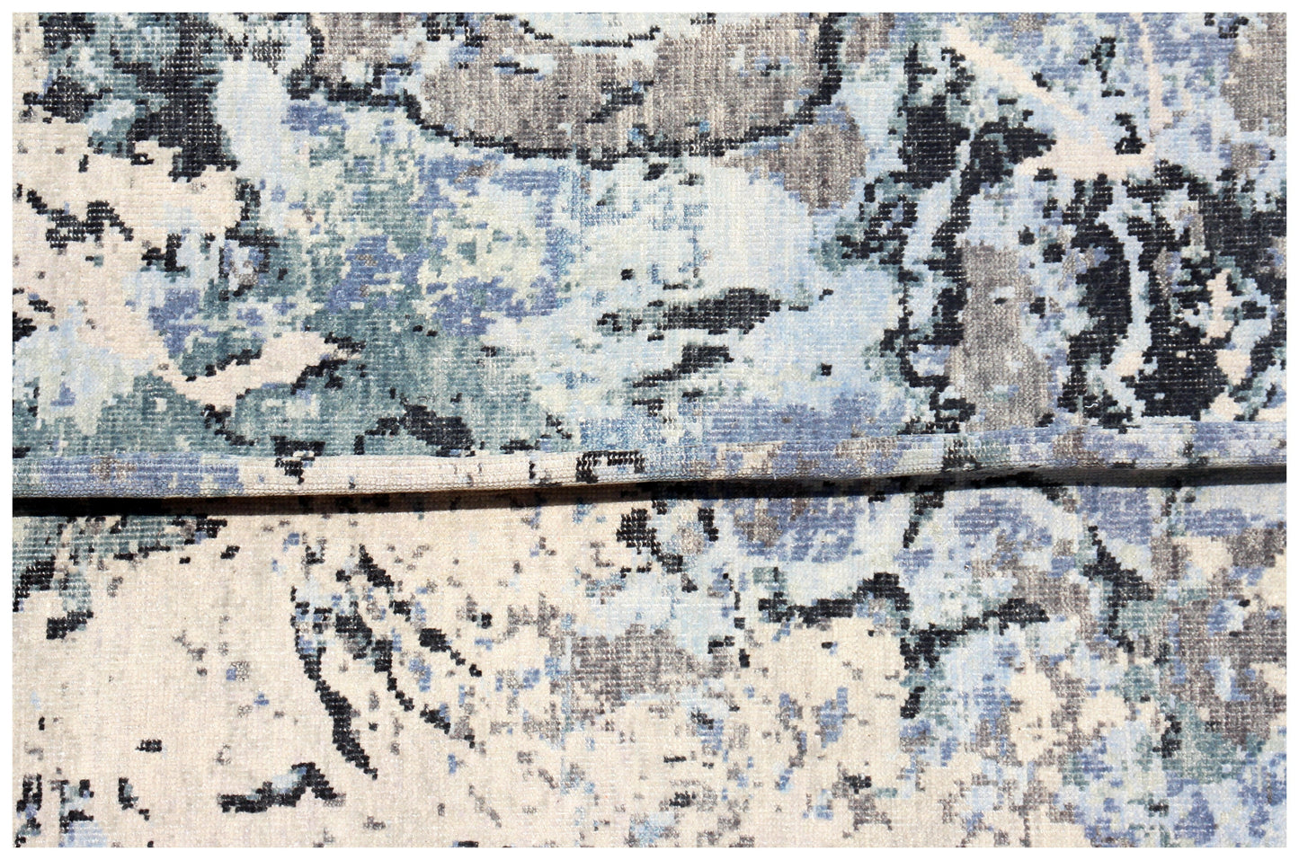 Modern Abstract 8x10 Blue Beige Charcoal Tiles Design Hand Knotted Rug.