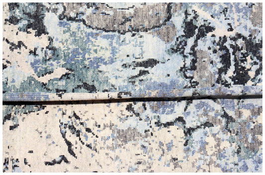 Modern Abstract 8x10 Blue Beige Charcoal Tiles Design Hand Knotted Rug