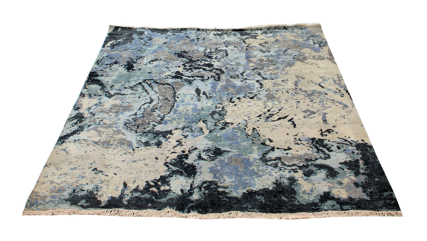Modern Abstract 8x10 Blue Beige Charcoal Tiles Design Hand Knotted Rug.