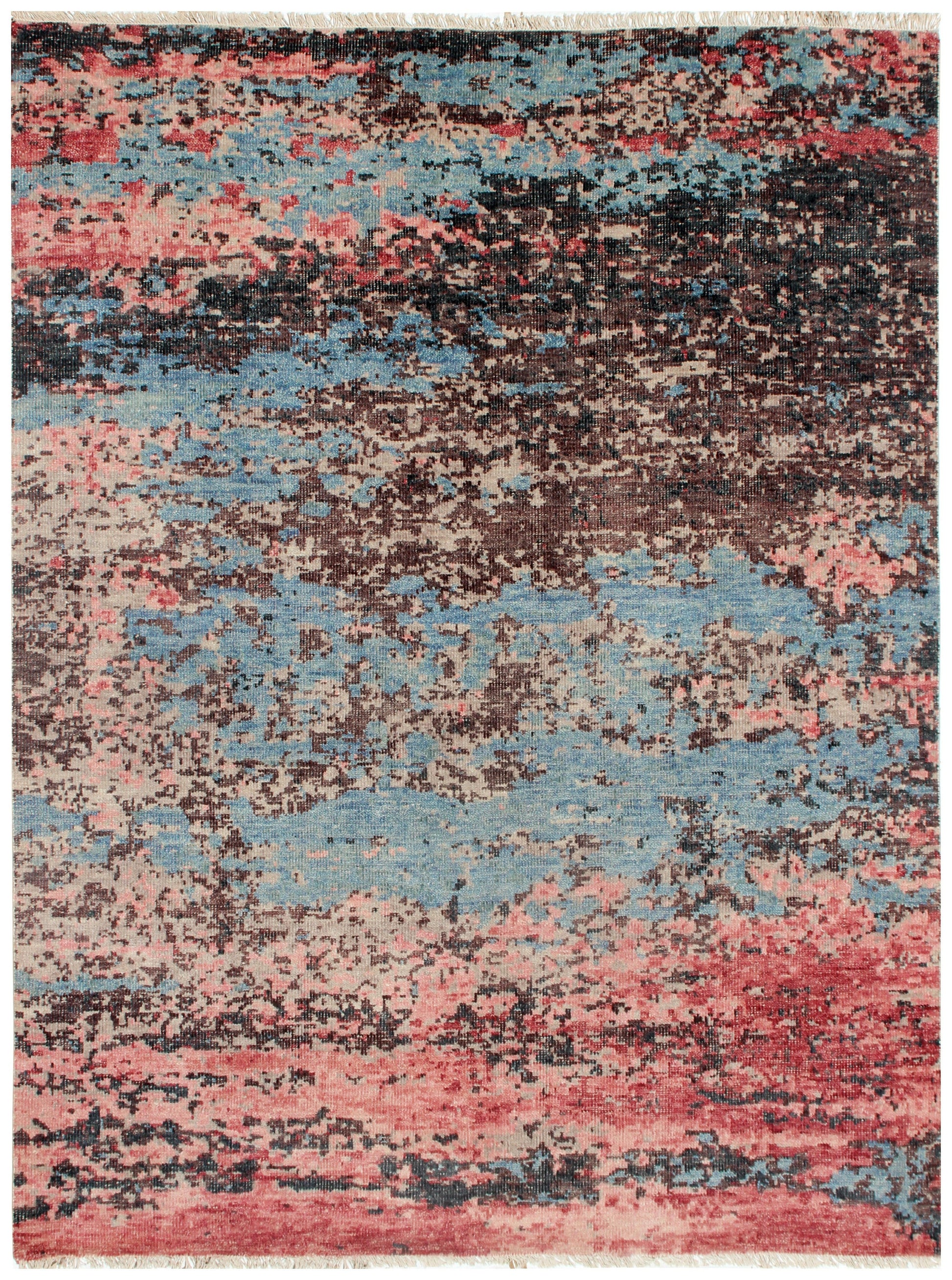 8x10 Modern Abstract Brown Blue Red Hand Knotted Wool Rug.