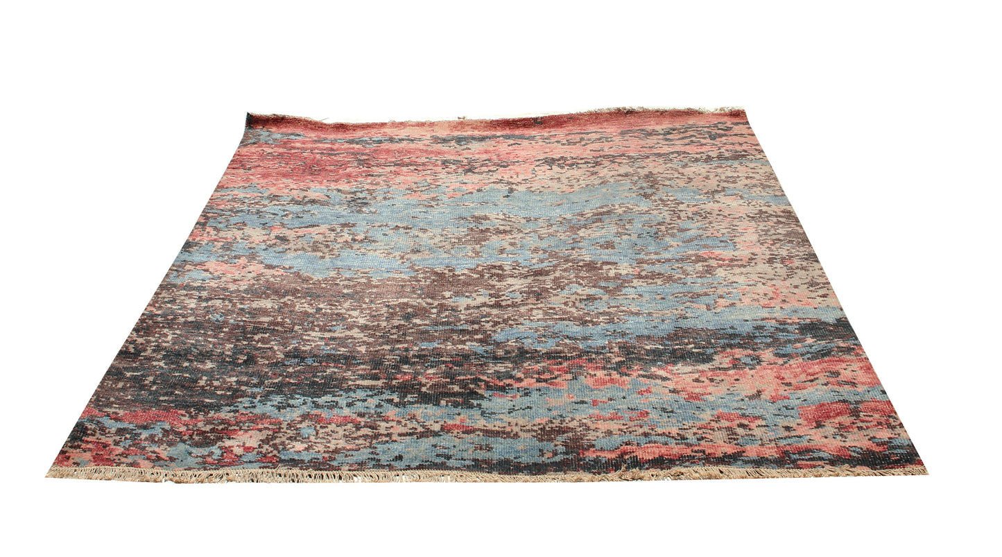 8x10 Modern Abstract Brown Blue Red Hand Knotted Wool Rug.