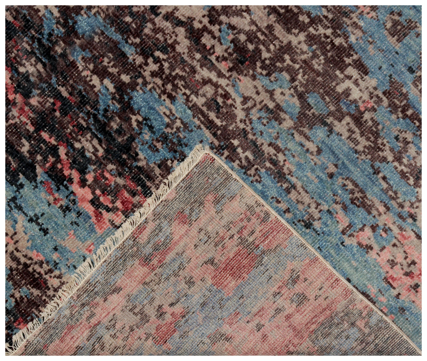 8x10 Modern Abstract Brown Blue Red Hand Knotted Wool Rug.