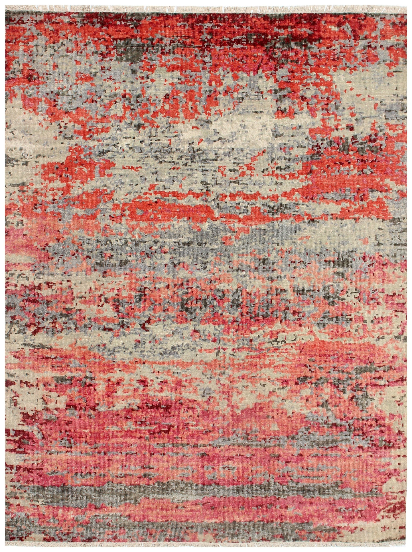 Brick Red Beige Gray 8x10 Modern Abstract Hand Knotted Wool Rug.