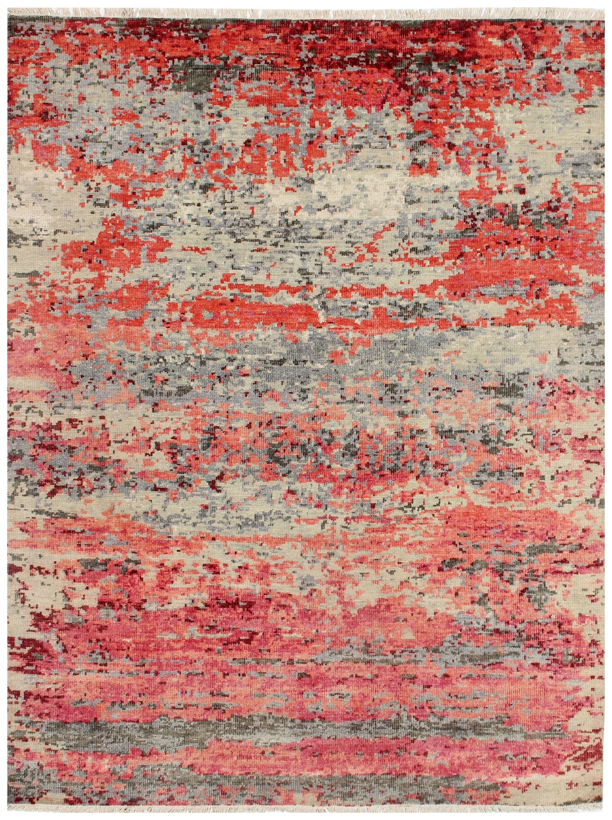Brick Red Beige Gray 8x10 Modern Abstract Hand Knotted Wool Rug.