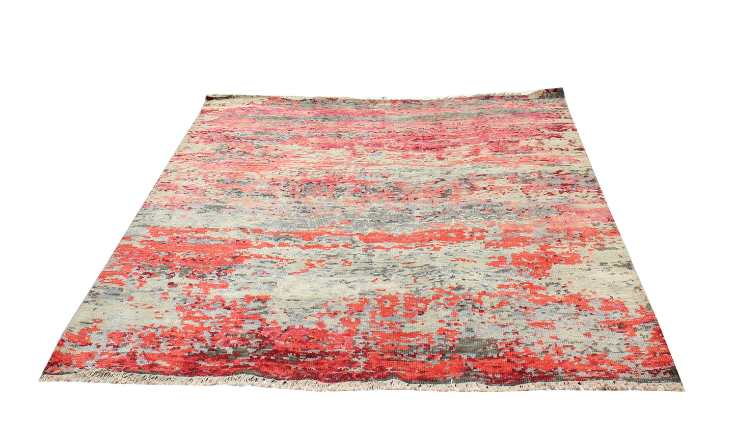 Brick Red Beige Gray 8x10 Modern Abstract Hand Knotted Wool Rug.