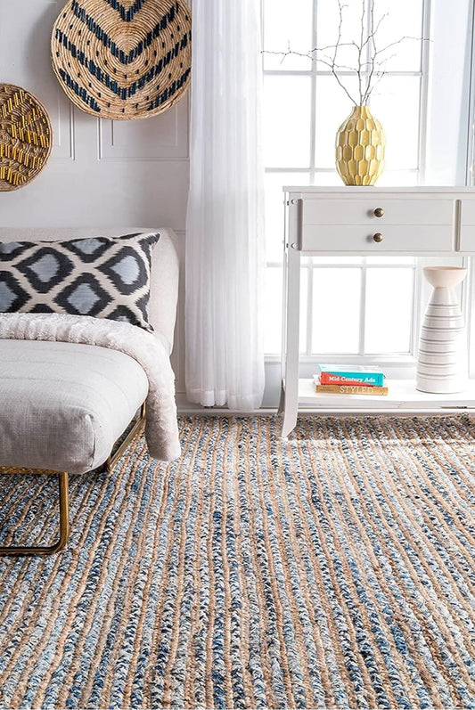 Handwoven Blue and Natural Jute Rug – Striped Braided Flatweave Design.