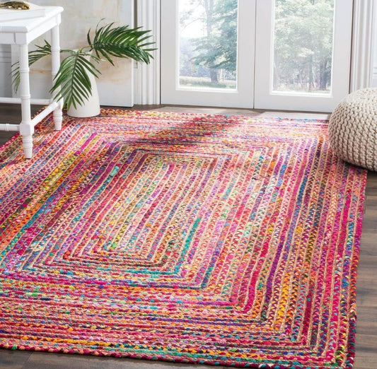 Multicolor Handwoven Jute Rug – Boho Braided Recycled Fabric Design.