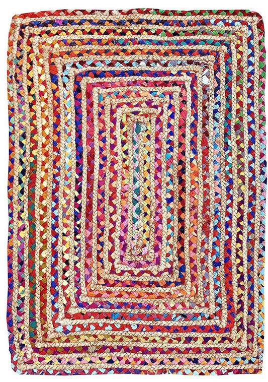 Multicolor Handwoven Jute Rug – Boho Braided Recycled Fabric Design.