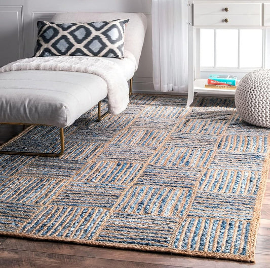 Handwoven Blue and Natural Jute Rug – Patchwork Striped Braided Design.