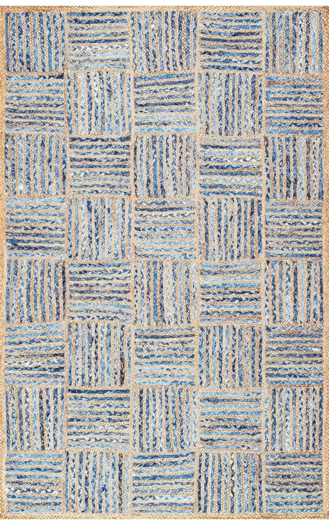 Handwoven Blue and Natural Jute Rug – Patchwork Striped Braided Design.