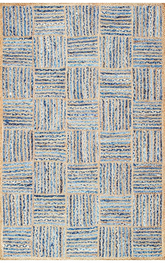 Handwoven Blue and Natural Jute Rug – Patchwork Striped Braided Design.