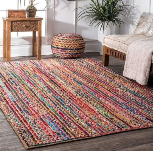 Handwoven Multicolor Jute & Fabric Rug – Striped Braided Boho Design.