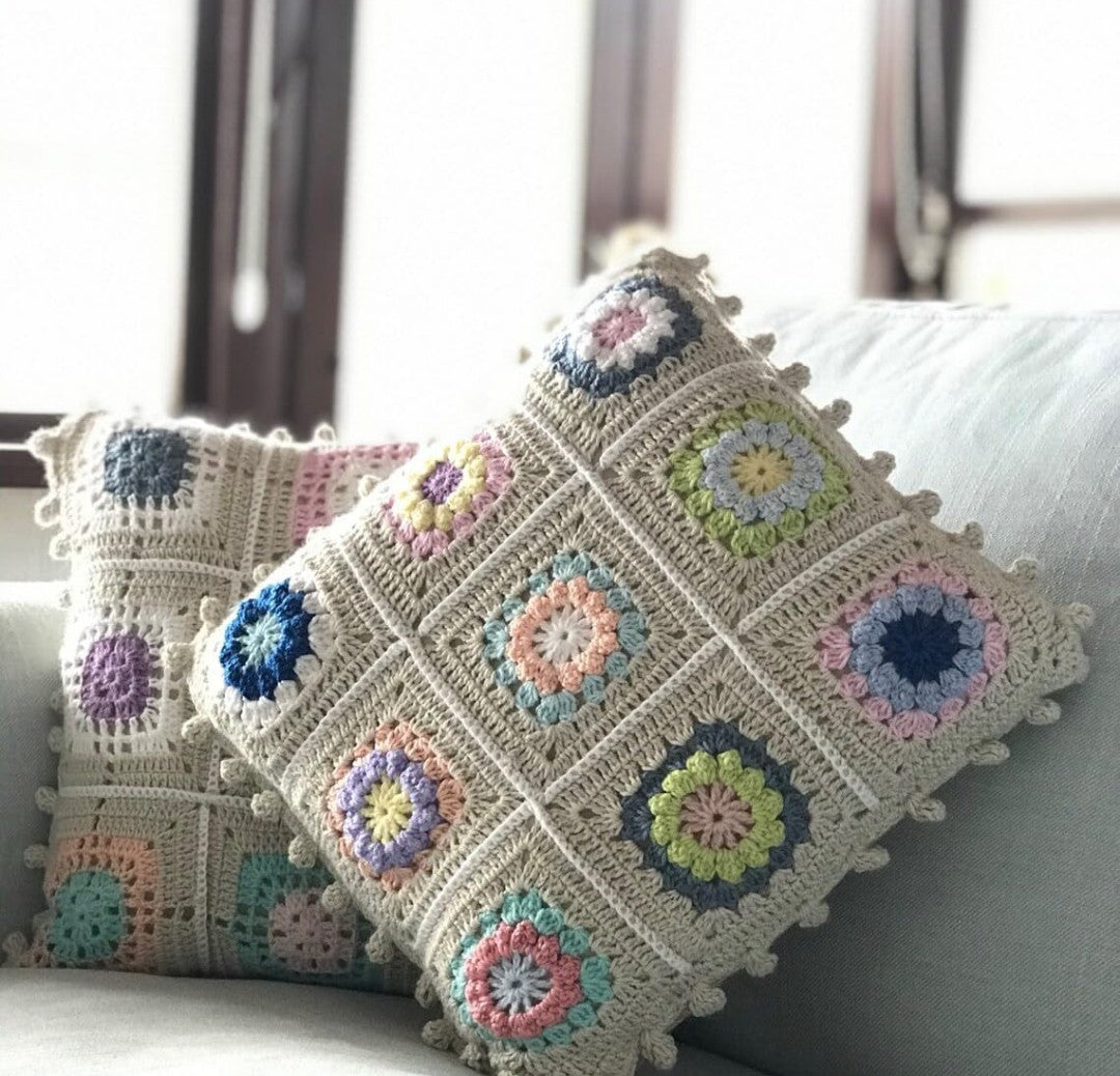 ALTAARA Crochet Cushion Cover - 16x16 inch (3pcs) Handmade Granny Square Boho Pillow Case with Pastel Floral Motifs