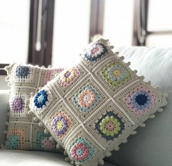 ALTAARA Crochet Cushion Cover - 16x16 inch (3pcs) Handmade Granny Square Boho Pillow Case with Pastel Floral Motifs