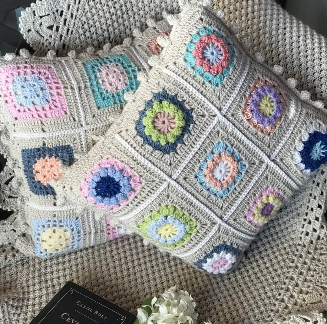 ALTAARA Crochet Cushion Cover - 16x16 inch (3pcs) Handmade Granny Square Boho Pillow Case with Pastel Floral Motifs