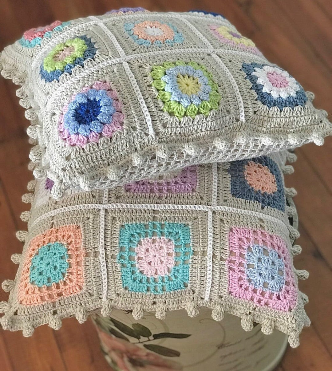 ALTAARA Crochet Cushion Cover - 16x16 inch (3pcs) Handmade Granny Square Boho Pillow Case with Pastel Floral Motifs