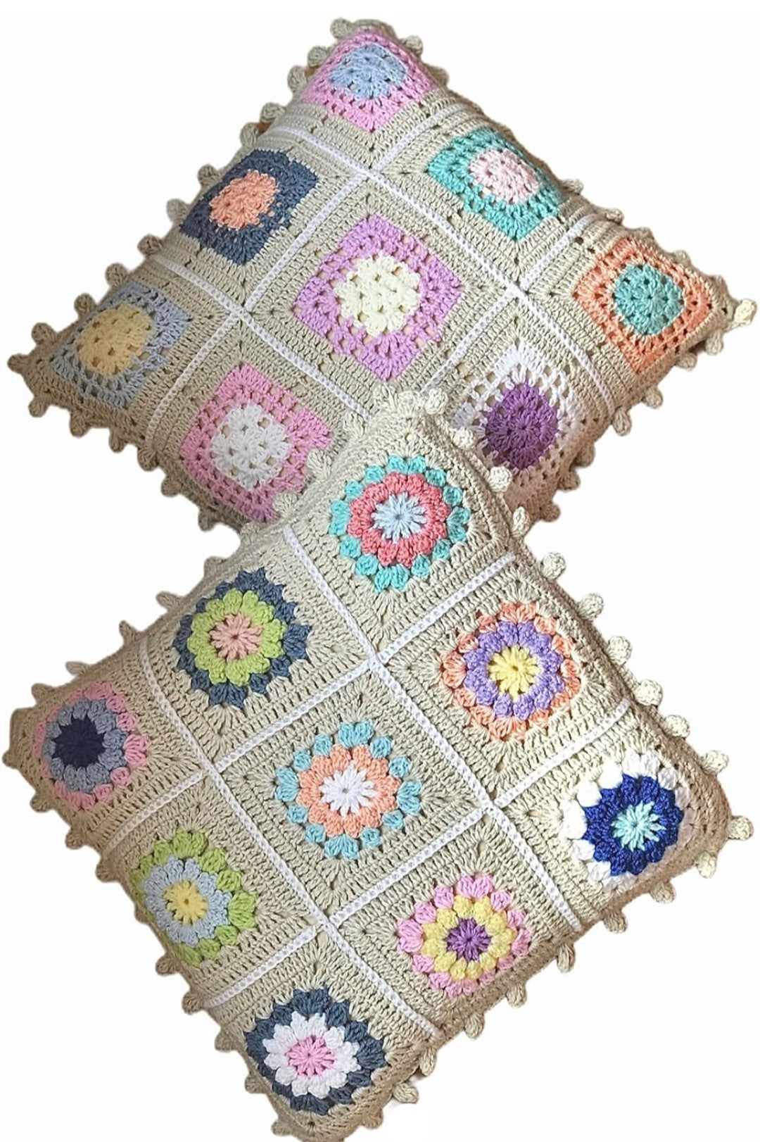 ALTAARA Crochet Cushion Cover - 16x16 inch (3pcs) Handmade Granny Square Boho Pillow Case with Pastel Floral Motifs