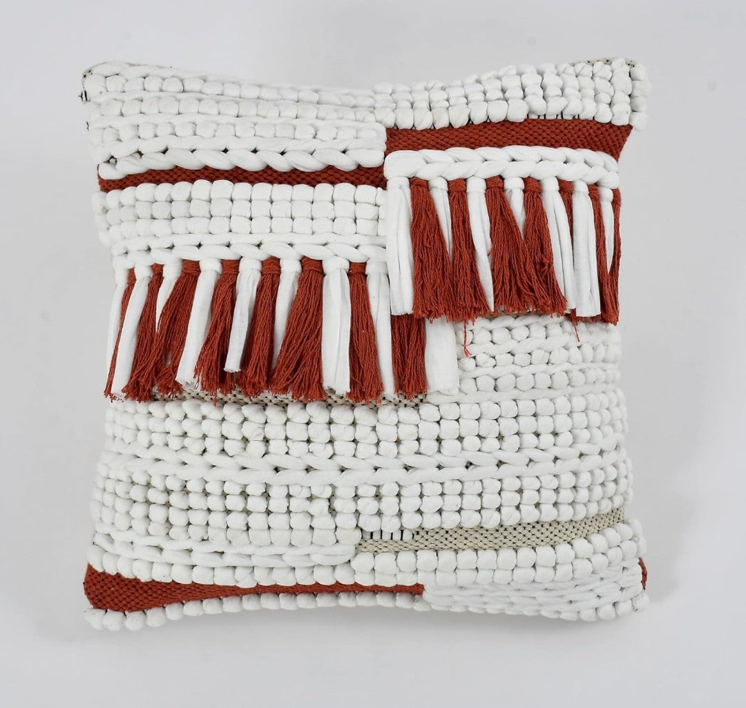 Handmade Boho Cushion Cover 16x16 inch (3pcs)- Off-White Cotton with Rust Fringe and stripes Tassels