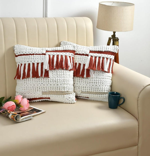 Handmade Boho Cushion Cover 16x16 inch (3pcs)- Off-White Cotton with Rust Fringe and stripes Tassels