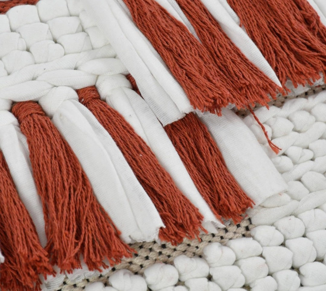 Handmade Boho Cushion Cover 16x16 inch (3pcs)- Off-White Cotton with Rust Fringe and stripes Tassels