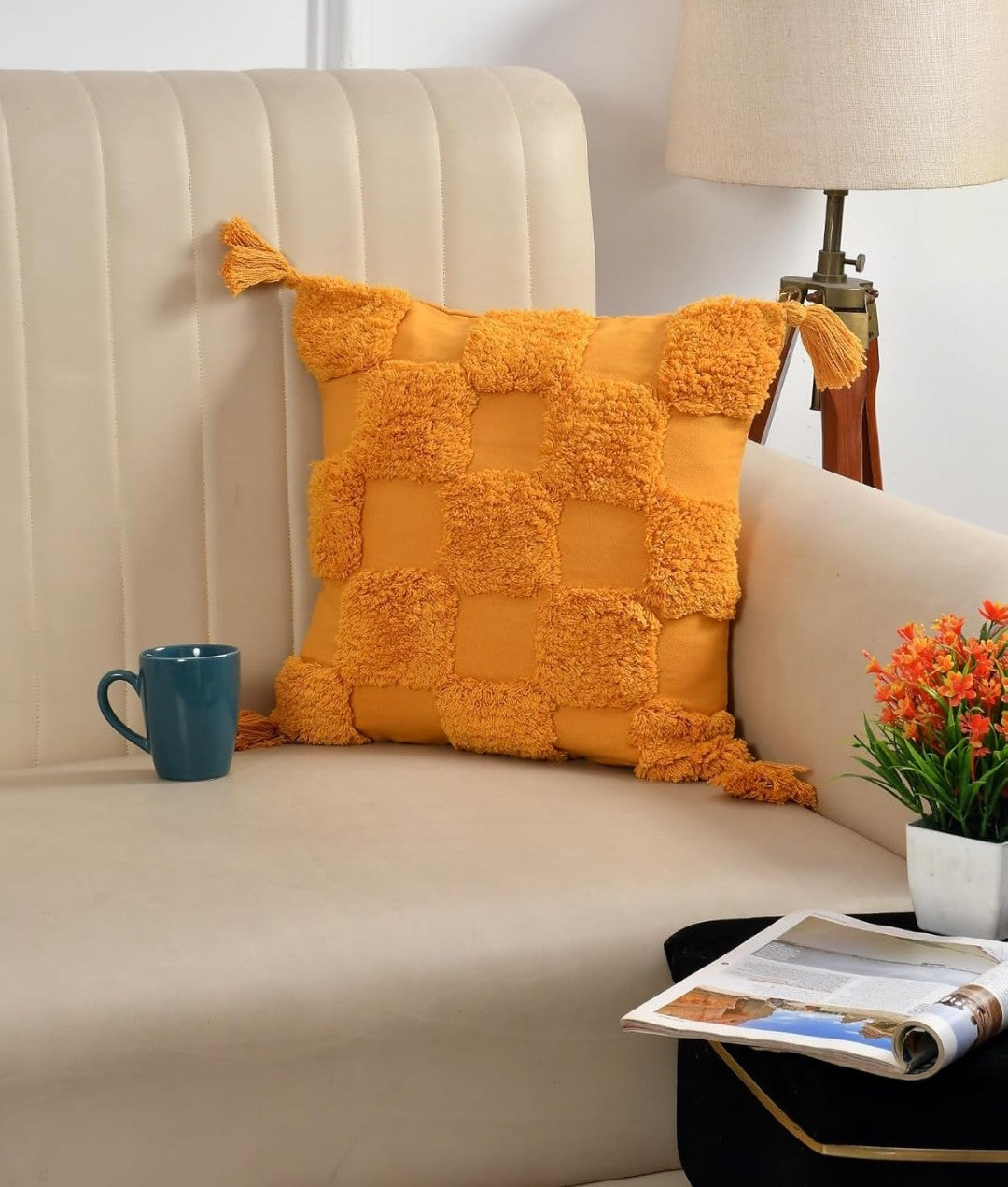 Tufted Boho Cushion Covers 16x16 (3 pcs) Mustard Yellow Cotton Slub Geometrical Checkered Moroccan