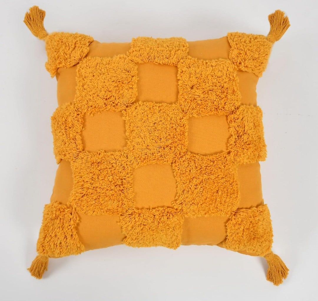 Tufted Boho Cushion Covers 16x16 (3 pcs) Mustard Yellow Cotton Slub Geometrical Checkered Moroccan