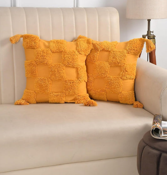 Tufted Boho Cushion Covers 16x16 (3 pcs) Mustard Yellow Cotton Slub Geometrical Checkered Moroccan