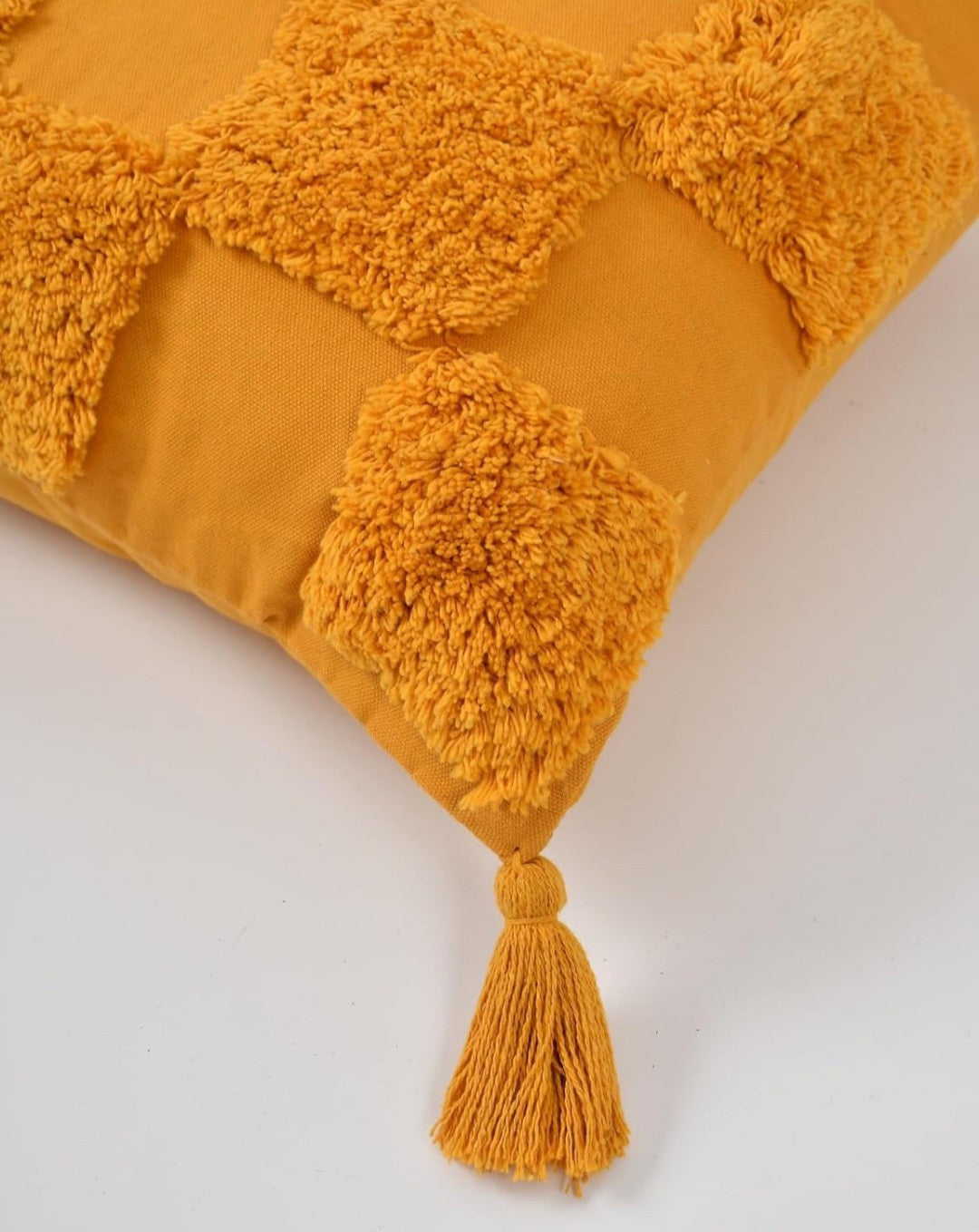 Tufted Boho Cushion Covers 16x16 (3 pcs) Mustard Yellow Cotton Slub Geometrical Checkered Moroccan