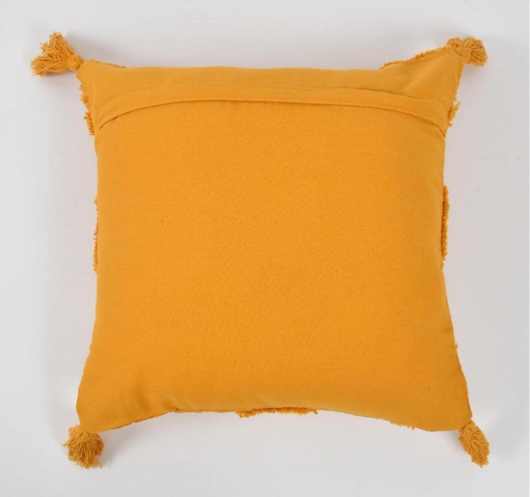 Tufted Boho Cushion Covers 16x16 (3 pcs) Mustard Yellow Cotton Slub Geometrical Checkered Moroccan