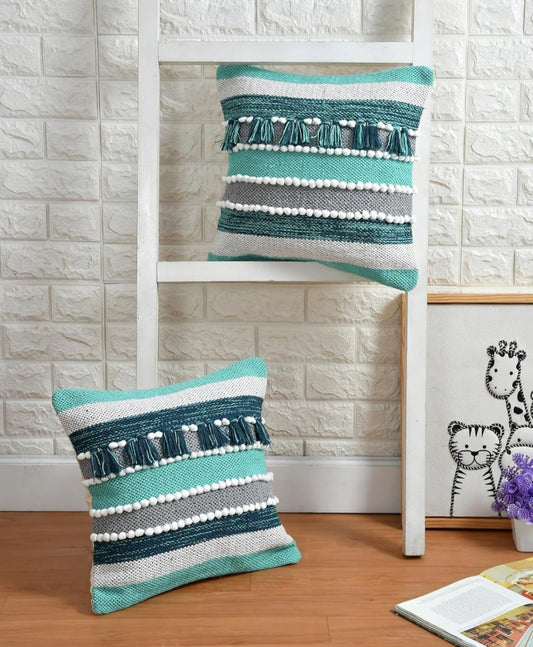 Hand Crafted Pit Loom Cushion Covers 16x16 - Pack of 3 Green Horizontal Striped Cotton with Tassels