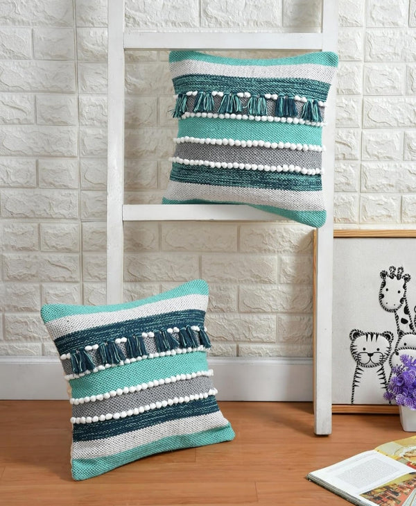 Hand Crafted Pit Loom Cushion Covers 16x16 - Pack of 3 Green Horizontal Striped Cotton with Tassels