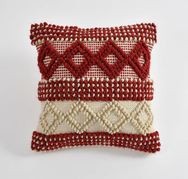 Hand Crafted Pit Loom Cushion Covers 16x16 - Pack of 3 Maroon Cotton Diamond Pattern with Tassels