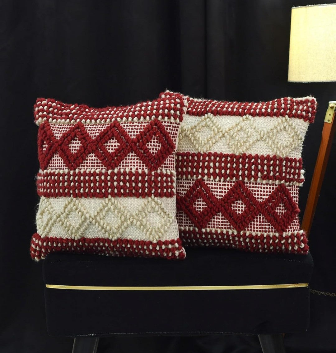 Hand Crafted Pit Loom Cushion Covers 16x16 - Pack of 3 Maroon Cotton Diamond Pattern with Tassels