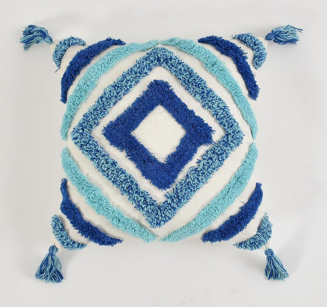 Tufted Cushion Covers 16x16 - Pack of 3 Blue Diamond Moroccan Geometric Cotton Cover
