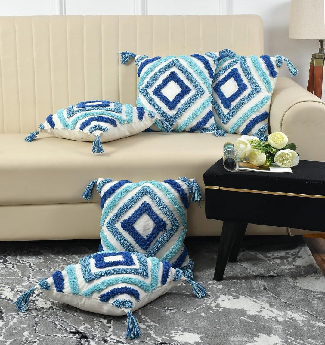 Tufted Cushion Covers 16x16 - Pack of 3 Blue Diamond Moroccan Geometric Cotton Cover