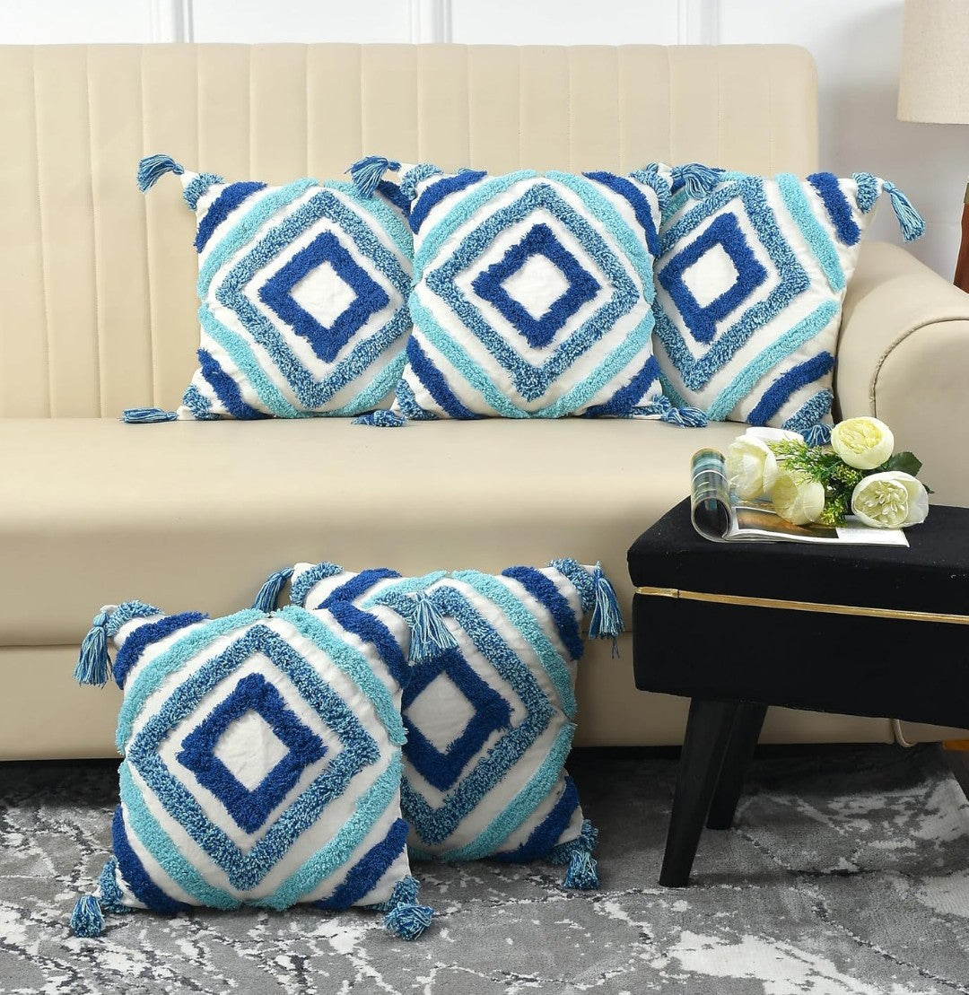 Tufted Cushion Covers 16x16 - Pack of 3 Blue Diamond Moroccan Geometric Cotton Cover