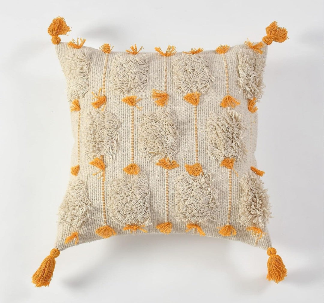 Boho Cushion Covers 16x16 Ivory Gold Moroccan Striped Cotton with Tassels - Pack of 3