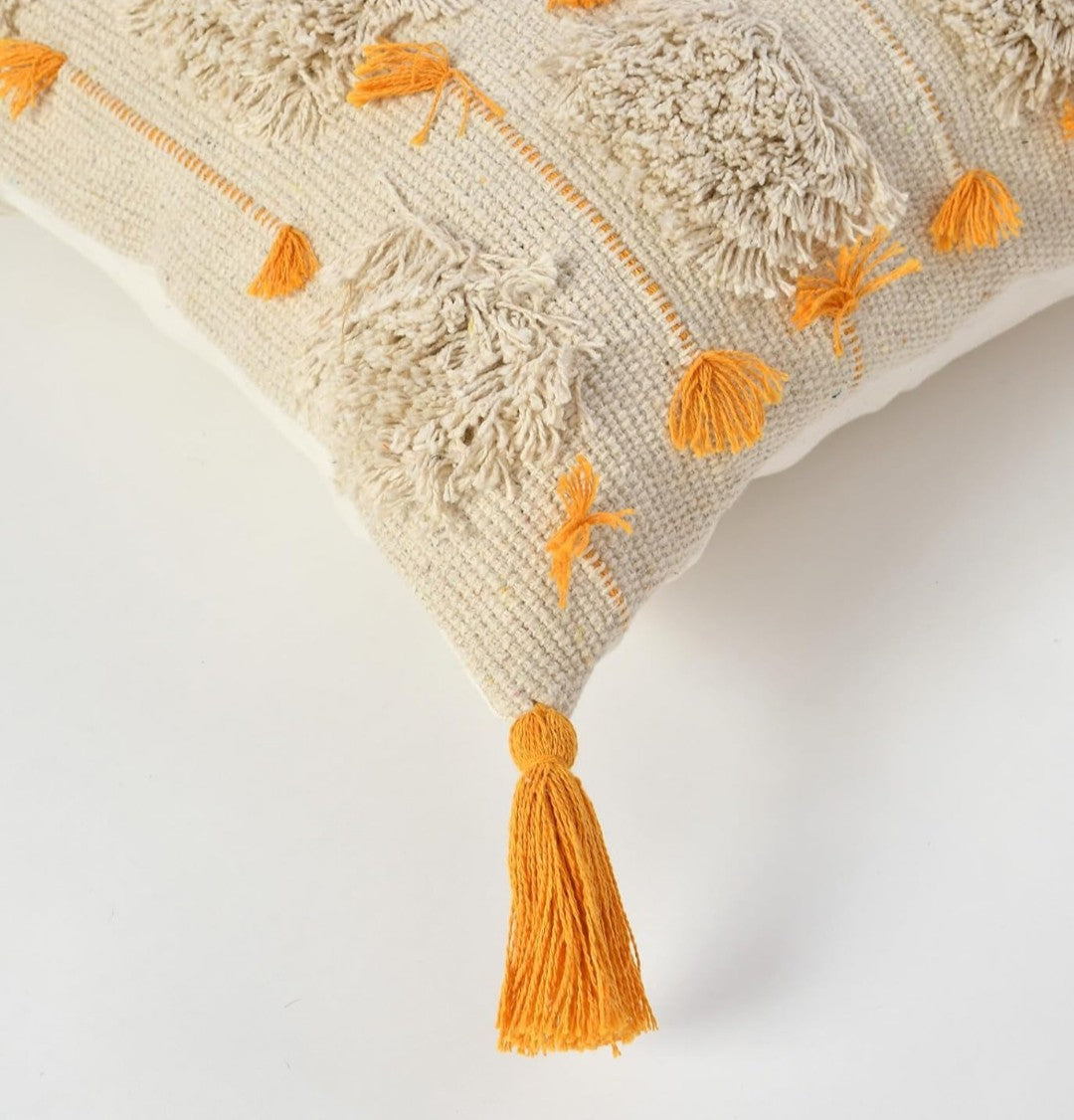 Boho Cushion Covers 16x16 Ivory Gold Moroccan Striped Cotton with Tassels - Pack of 3