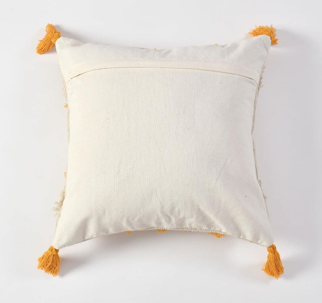 Boho Cushion Covers 16x16 Ivory Gold Moroccan Striped Cotton with Tassels - Pack of 3