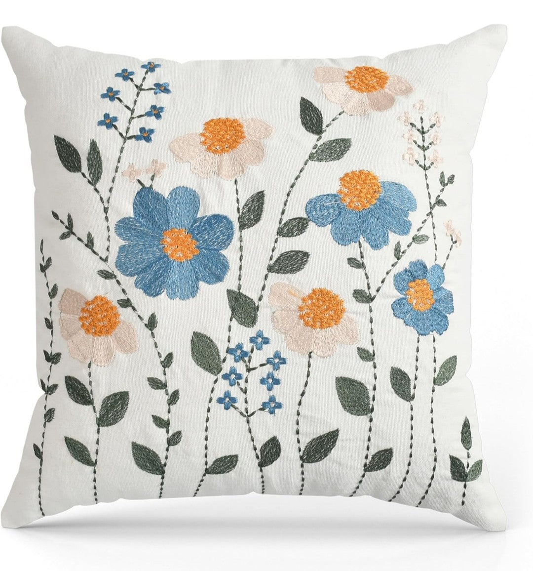 Embroidered Floral Cushion Covers 16x16 Ivory Teal Green Handmade Cotton - Set of 3