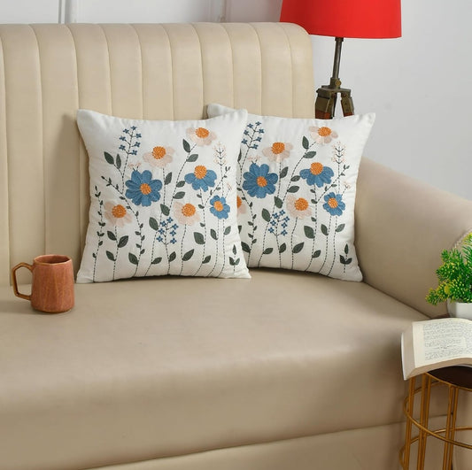 Embroidered Floral Cushion Covers 16x16 Ivory Teal Green Handmade Cotton - Set of 3