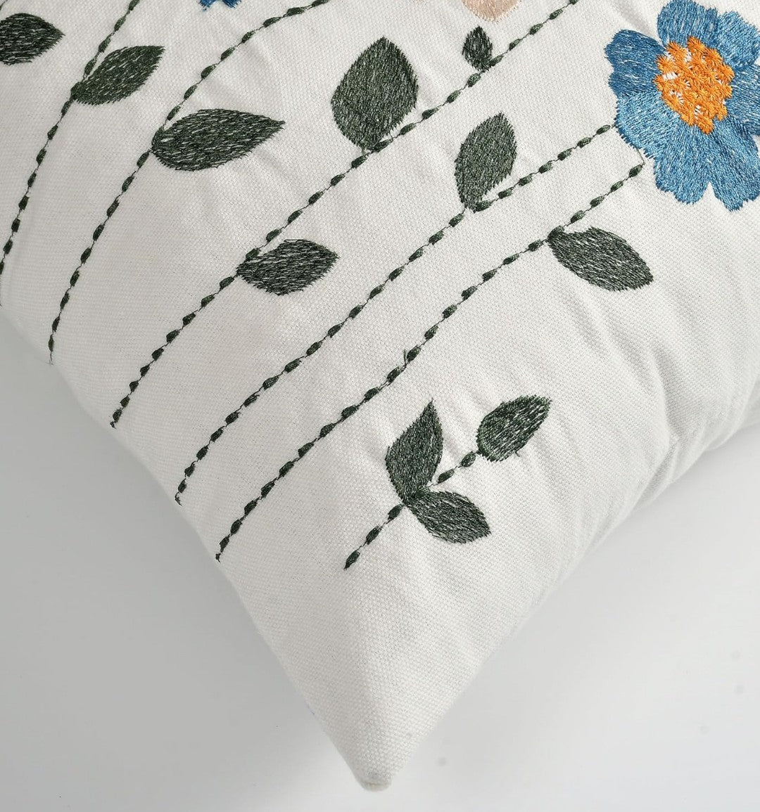 Embroidered Floral Cushion Covers 16x16 Ivory Teal Green Handmade Cotton - Set of 3