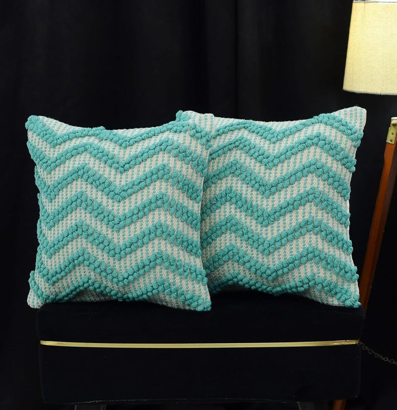 Hand Woven Cushion Covers 16x16 Ivory Turquoise Chevron Tassel Cotton Pit Loom - Set of 3