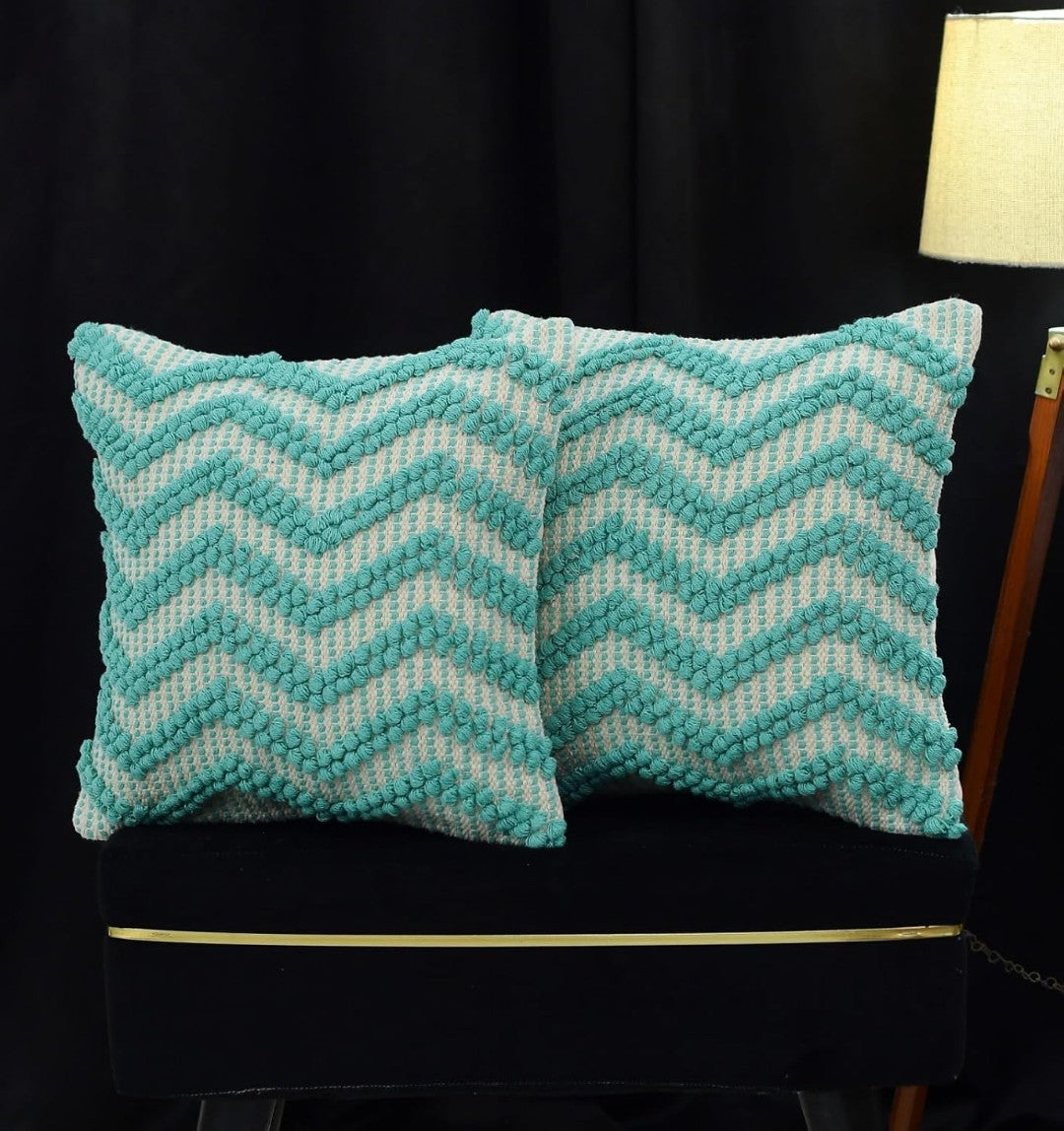 Hand Woven Cushion Covers 16x16 Ivory Turquoise Chevron Tassel Cotton Pit Loom - Set of 3